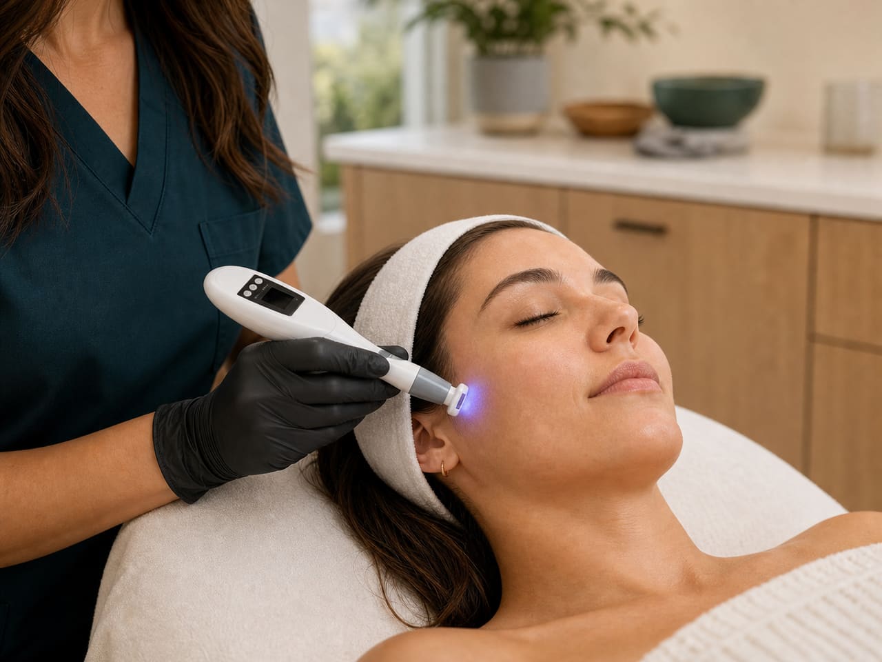 A Cold Jet Plasma facial treatment being administered in a calm wellness studio